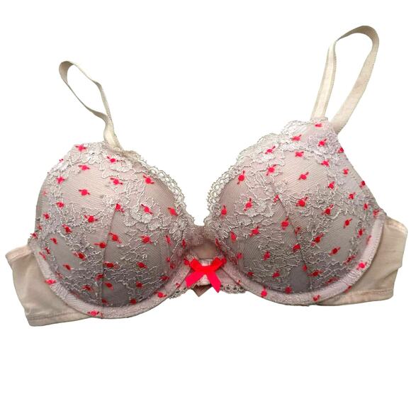 Victoria's Secret 32C Dream Angels Push-Up Pigeonnant pink lace‎ bra Padded bow - Picture 1 of 4